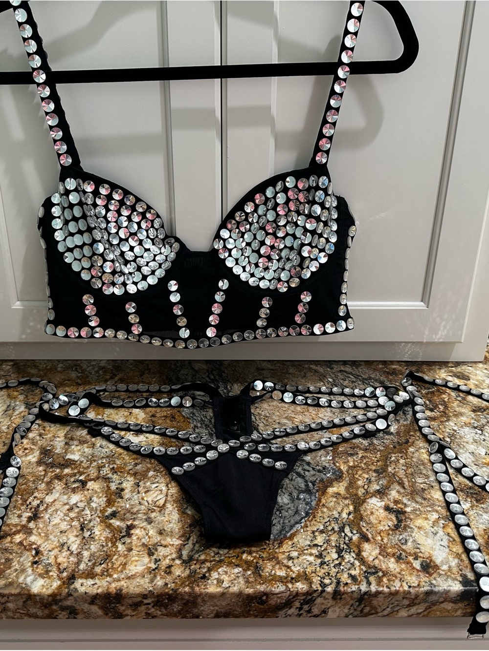 Victoria's Secret Black Crystal-Embellished Bra & Strappy Thong Set